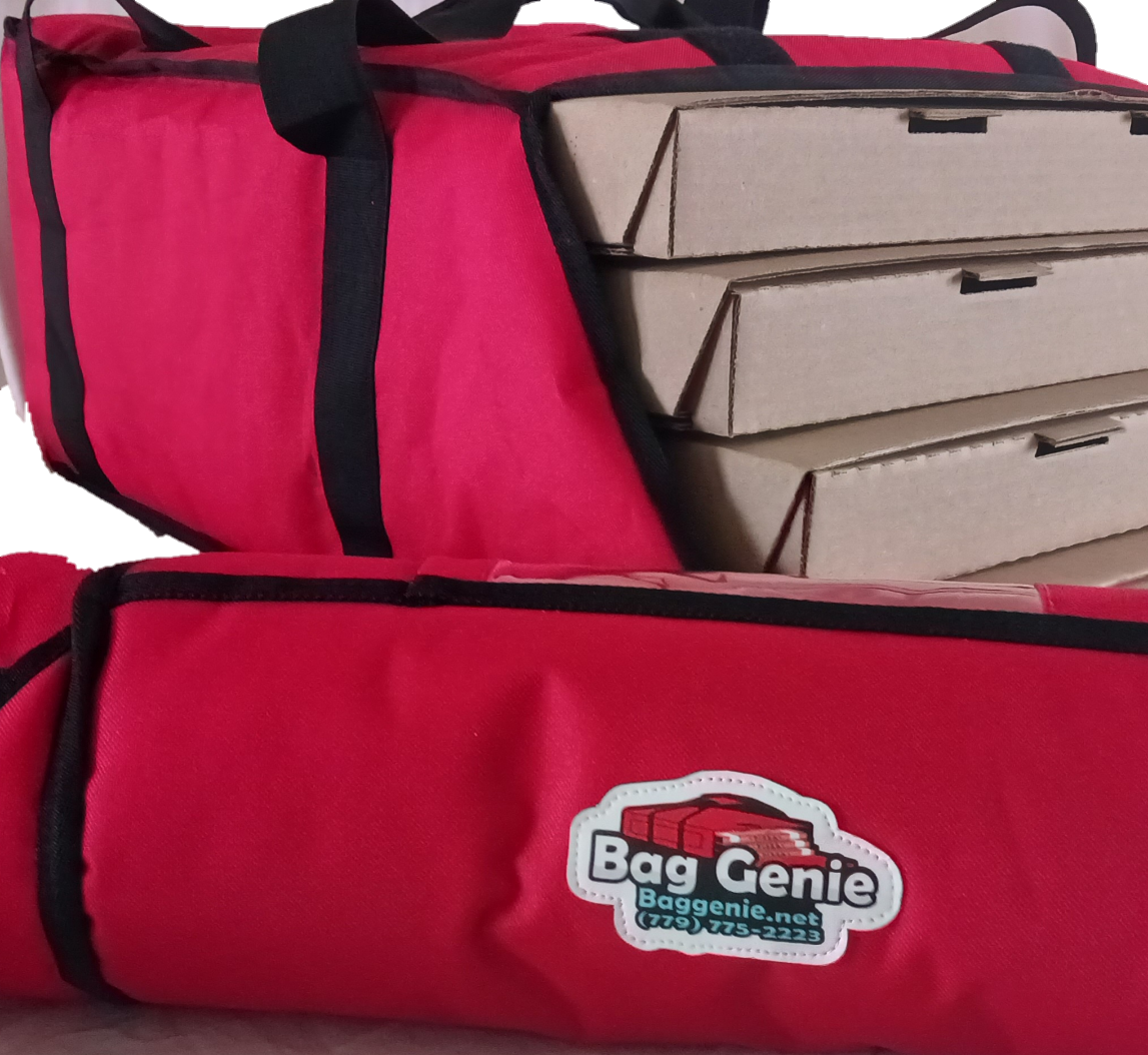 JUMBO GENIE Holds five 16-inch or four 18-inch pizza boxes. – BagGenie